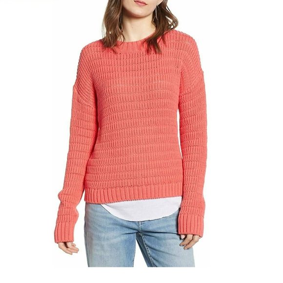 Treasure & Bond Women Pointelle Sweater Crewneck | Size - XL | Color - Coral - Picture 1 of 3